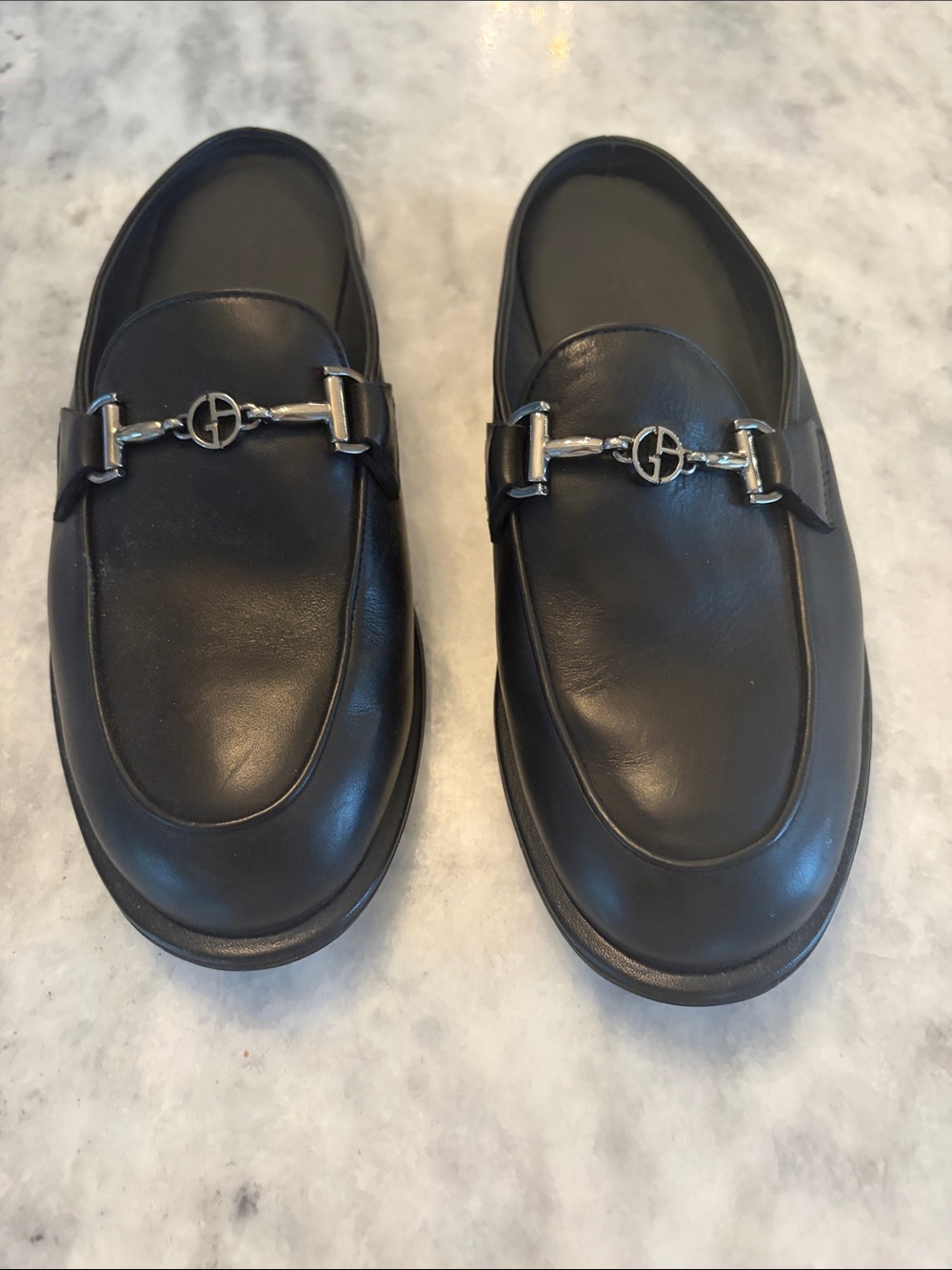 Giorgio Armani Black Leather Bit Loafers with Silver Hardware